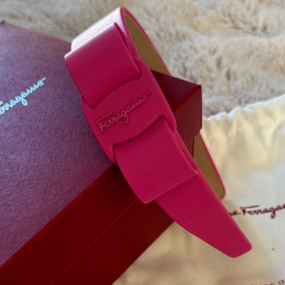 Salvatore Ferragamo Fuschia Leather “Viva Bow” Headband.